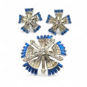 Vintage Corocraft Adolph Katz Brooch Earrings Set Sapphire Blue Bursts MCM